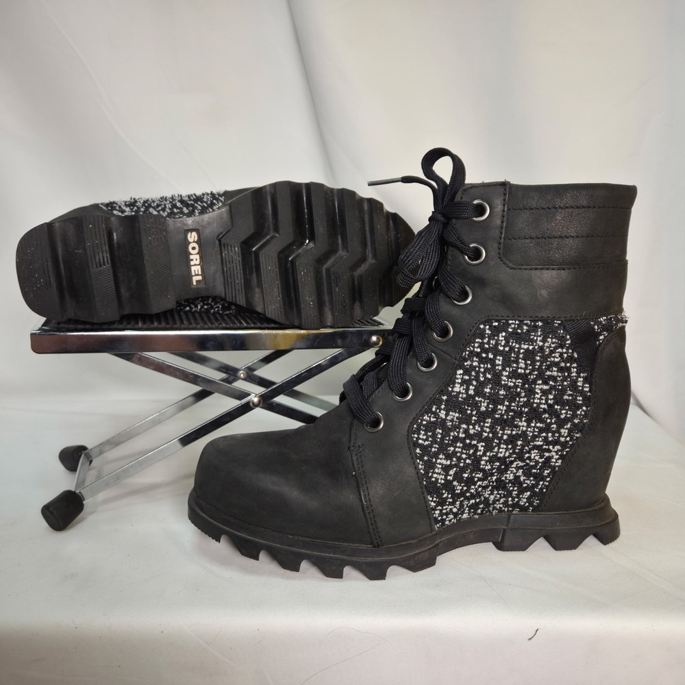 Sorel Joan of Arctic Black Leather Tweed Wedge III Lexie Bootie Womens Size 10